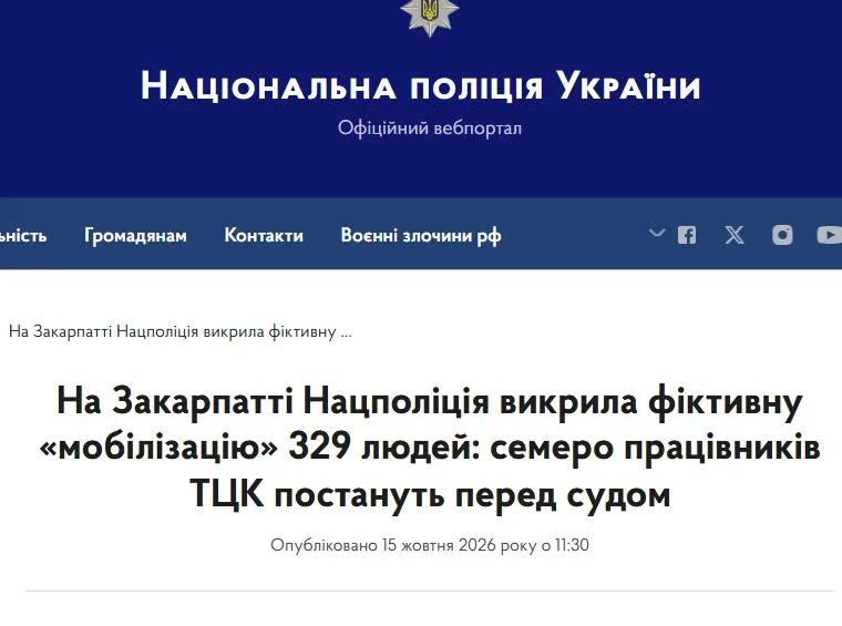 Повідомлення Нацполіції від 15 жовтня 2026 року про справу 329 фіктивних призовів