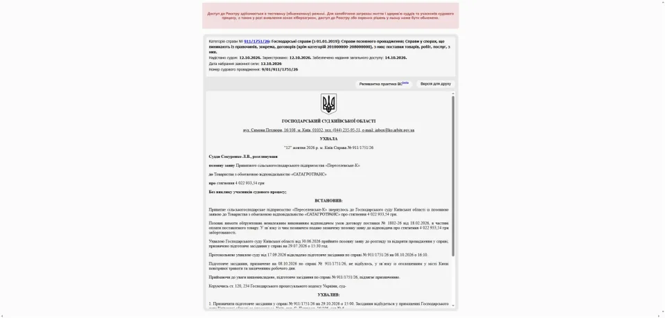 Ухвала від 12 жовтня 2026 року, позов на 4 022 933,54 грн