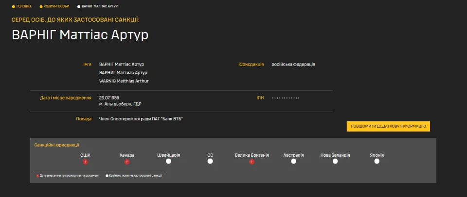 Санкційна картка Маттіаса Варніга на порталі ГУР War&Sanctions
