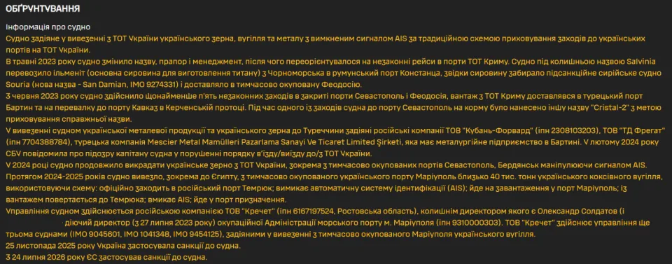 Обґрунтування санкцій ГУР щодо судна IRKUTSK, колишнього Alfa M