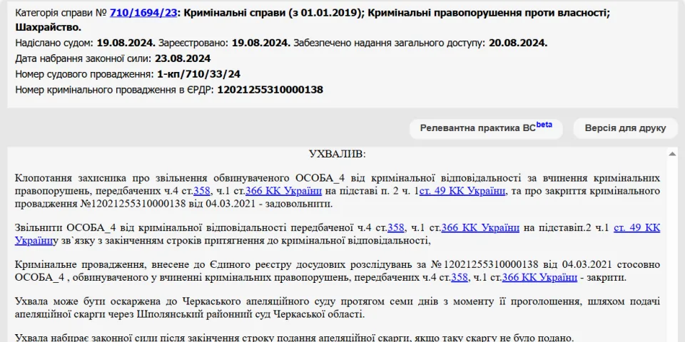 Ухвала суду про звільнення директора від відповідальності за підробку документів через строки давності