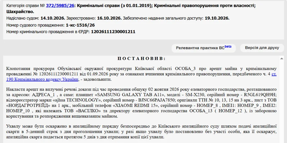 Резолютивна частина ухвали з переліком вилученого, зокрема лист з ТОВ НОРДАГРОТРЕЙД