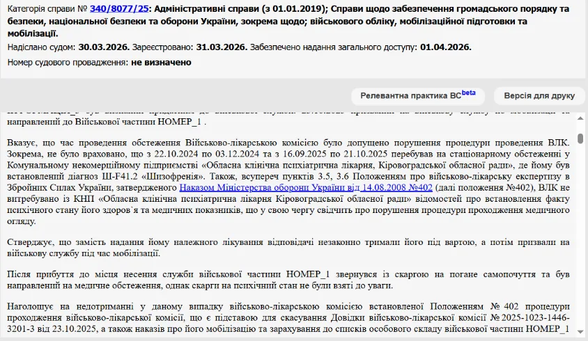 Решение Кировоградского окружного админсуда от 30.03.2026 по делу № 340/8077/25: стационар в психбольнице до 21.10.2025, справка ВЛК от 23.10.2025. Источник: ЕГРСР